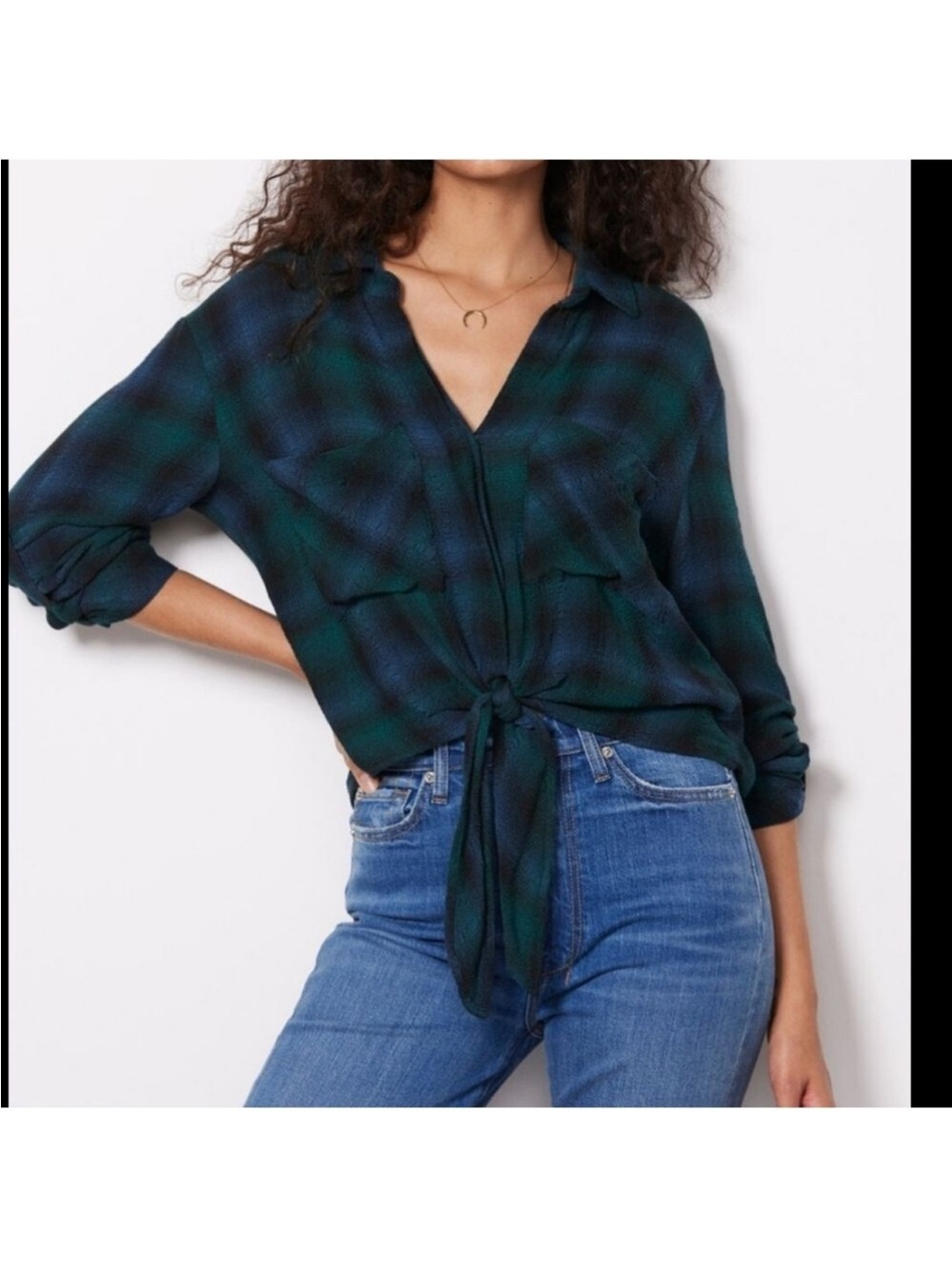 Cloth & Stone Sapphire Plaid Tie Front Shirt Green Blue Size XS - Picture 5 of 12